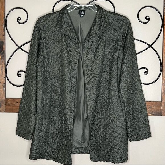 Eileen Fisher Lagenloock Silk Tussah Open Front Rich Olive Blazer Jacket Small - Picture 2 of 13
